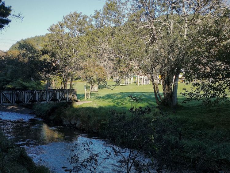Willowbank Reserve bridge and playground in background May 2021